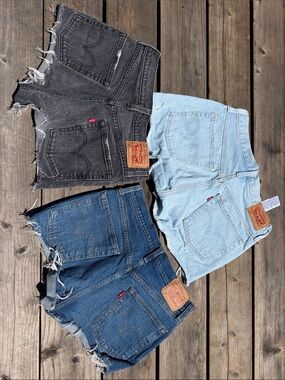 Levi's Trio of Cutoff Denim Shorts in Black, Light Blue & Mid Blue